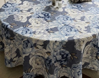 Blue Peony Waterproof Round Tablecloth, Dusty Blue Floral Table Cover, Wipeable Stain Resistant Dining