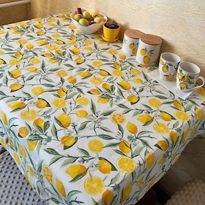 Lemon Waterproof Tablecloth - Summer Kitchen Decor - Bright Yellow Fruit Print - Cotton Table Cover - Housewarming Gift - Citrus Table Linen