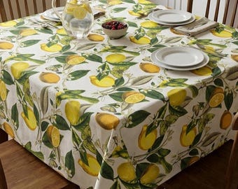 Yellow Lemon Tablecloth - Round Cotton Table Cover - Botanical Fruit & Citrus Decor - Summer Kitchen Linens