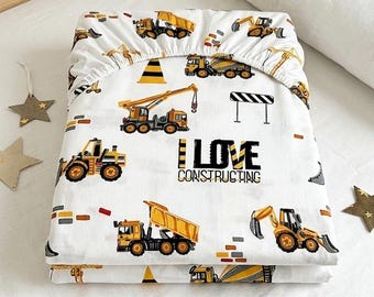 CONSTRUCTION Cotton Fitted Sheet, Digger Trucks, Excavator Print - Your Custom Size