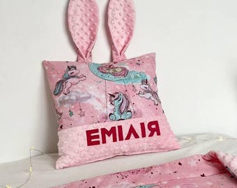 Personalized Unicorn Pillow for Girls – Bunny Ear Pillow with Name | Custom Name Cushion | Toddler Gift | Nursery Decor