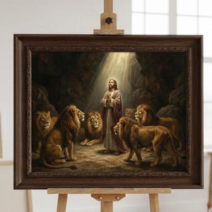 May include: A framed painting on an easel depicts a biblical scene with a figure in robes surrounded by lions. The artwork is in a dark brown frame, and the scene is illuminated by a beam of light. The painting is displayed in a well-lit room.