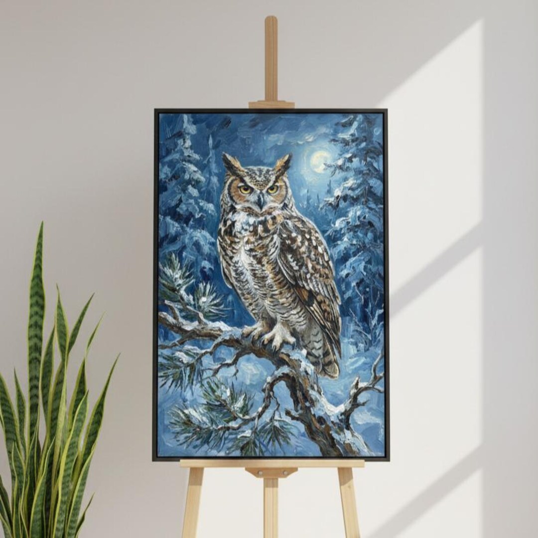Original Great Horned Owl Oil Painting – Winter Moonlight Wall Art ...