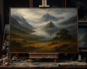 Scottish Highlands Loch Castle Original Oil Painting – Misty Mountain Wall Art, Nature Landscape Canvas Art for Rustic Home Decor
