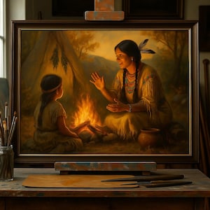 手作りの質感のある美術館品質のオリジナル油絵（コットンキャンバス） - ネイティブアメリカンのキャンプファイヤーストーリー - 夜の母と子のアート