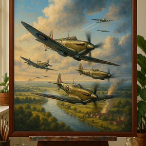 Battle of Britain Aerial Combat Original Oil Painting – WWII Spitfire Planes Military Aviation Wall Art, Handmade Historical Canvas