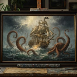 May include: Framed artwork depicting a ship battling a giant octopus in a stormy sea. The painting features a dark color palette with a dramatic lightning strike in the background. The artwork is displayed on an easel.