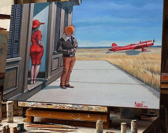 Handcrafted Textured Museum Quality Oil Painting on Cotton Canvas of Superior Quality - Tintin Hopper Voltige Rouge Xavier Marabout fanart