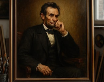 Abraham Lincoln Portrait – Original Oil Painting of U.S. President Seated in Victorian Chair – Historical American Art for Collectors