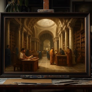 Op de afbeelding: Een ingelijst schilderij dat een klassieke bibliotheekscène met figuren in gewaden uitbeeldt. Het kunstwerk toont een lange hal met zuilen, boekenkasten en lezende figuren. Het schilderij staat op een houten tafel met kunstbenodigdheden.
