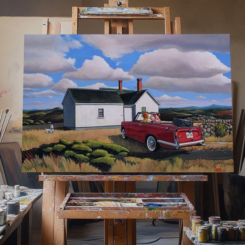 Handcrafted Textured Museum Quality Oil Painting on Cotton Canvas of Superior Quality-Tintin Hopper Red vintage car in hills Xavier Marabout