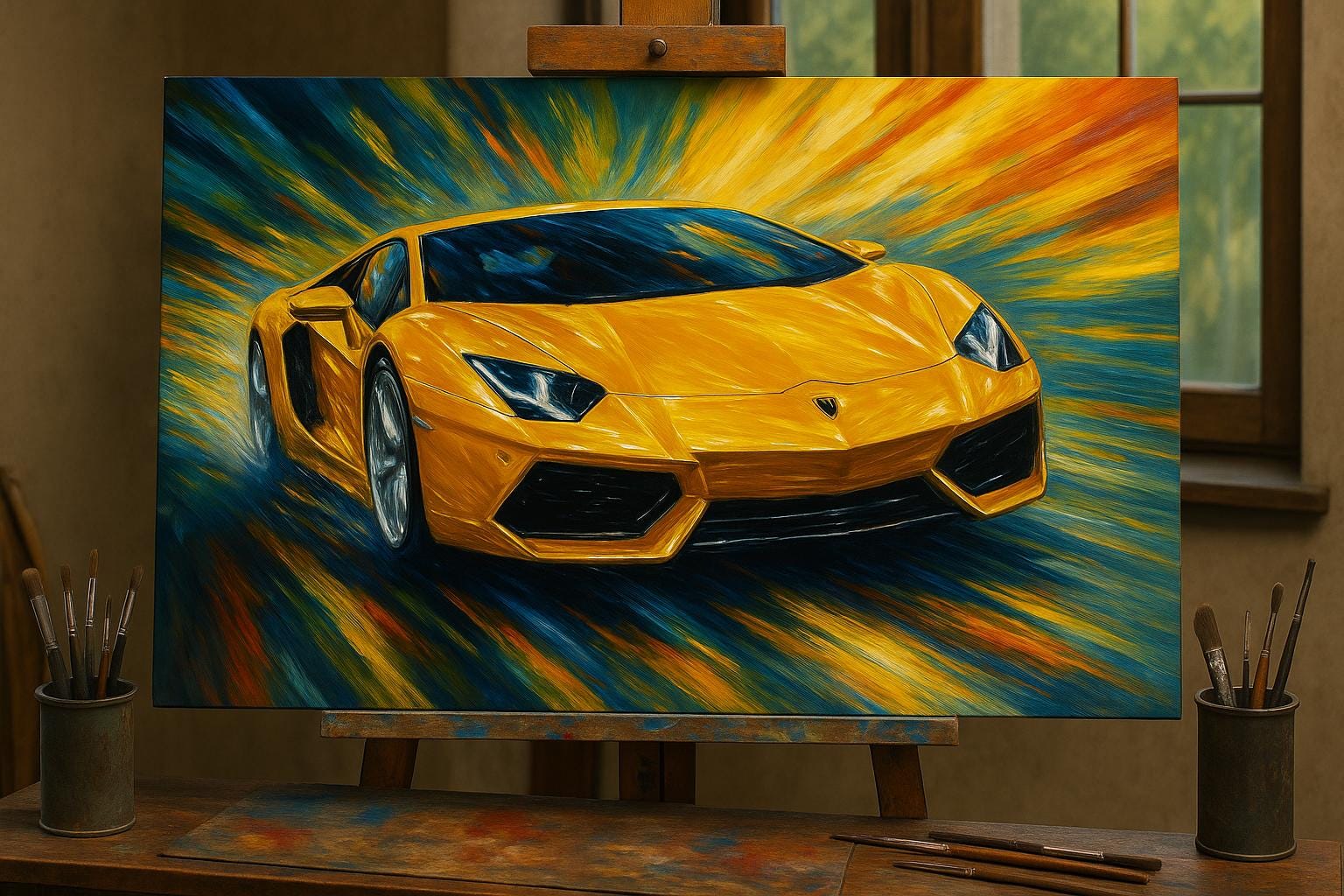 Handcrafted Textured Museum Original Oil Painting on Cotton Canvas of Superior Quality - Yellow Sports Car at Full Speed - Lamborghini car