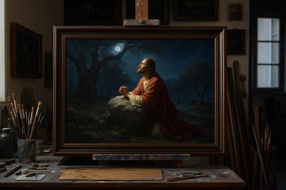 The Garden of Gethsemane – Original Oil Painting of Jesus Praying at Night –Biblical Art of Faith, Solitude & Surrender Christian oil canvas