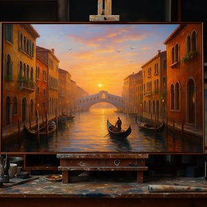 Origineel olieverfschilderij van een Venetiaans kanaal bij zonsopgang - romantische gondelscène in Venetië voor thuis of op kantoor als wanddecoratie op canvas, Italiaans landschap