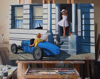 Handcrafted Textured Museum Quality Oil Painting on Cotton Canvas of Superior Quality-Tintin Hopper Blue Race Car Xavier Marabout oil canvas