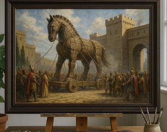 Trojan Horse Entering Troy – Original Oil Painting in Mythological Ancient Greece wall art Trojan Crowd, Gates, and Historical scenery decor