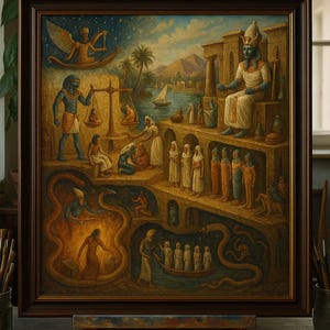 Mappa degli inferi egiziani – Dipinto ad olio originale di Duat | Osiride, Anubi e il viaggio nell'aldilà | Decorazione murale mitologica dell'antico Egitto con cornice