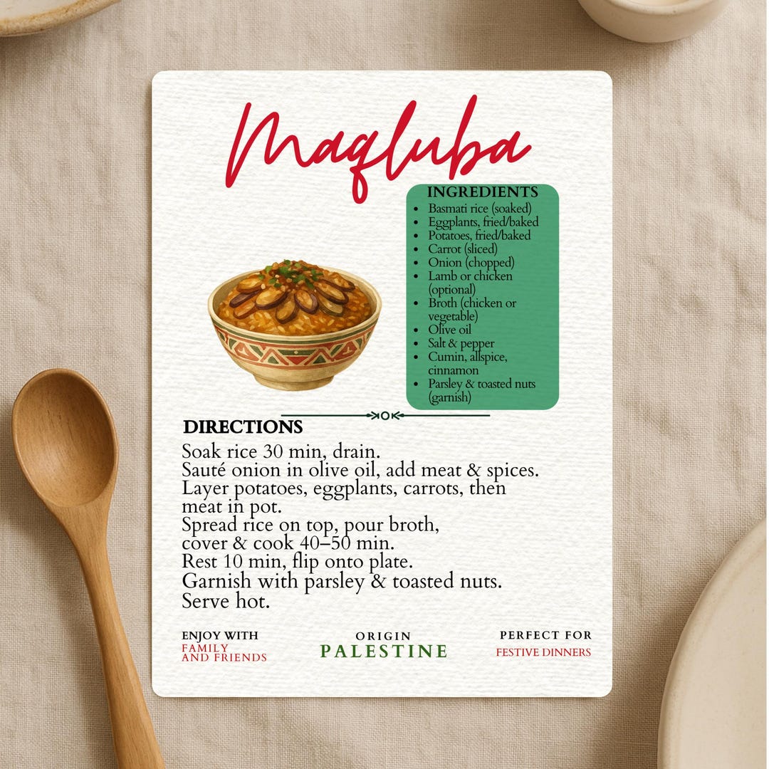 Maulaba Maqluba Recipe Card Printable | Palestinian Traditional Dish | Middle ...
