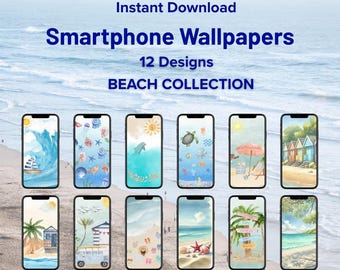Sfondi per smartphone ad acquerello, estetica vintage da spiaggia, download digitale di sfondi per telefono, set di 12 sfondi estetici per iPhone
