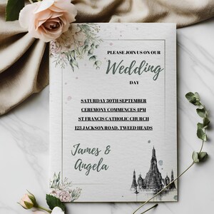 Invitación de boda imprimible, plantilla editable de país, descarga instantánea, invitación de boda en Bangkok, plantilla minimalista de ciudad, temática urbana, 13 x 18 cm