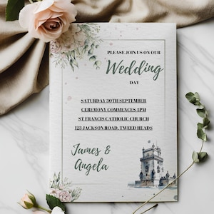 Invitación de boda imprimible, plantilla editable de país, descarga instantánea, invitación de boda de Lisboa, plantilla minimalista de ciudad, temática urbana, 13 x 18 cm