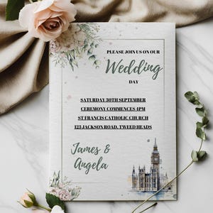 Invitación de boda imprimible, plantilla editable de país, descarga instantánea, invitación de boda en Londres, plantilla minimalista de ciudad, temática urbana, 13 x 18 cm