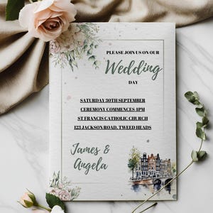 Invitación de boda imprimible, plantilla editable de país, descarga instantánea, invitación de boda en Ámsterdam, plantilla minimalista de ciudad, temática urbana, 12,7 x 18,8 cm