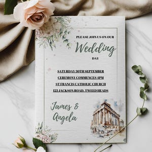 Invitación de boda imprimible, plantilla editable de país, descarga instantánea, invitación de boda de Atenas, plantilla minimalista de ciudad, temática urbana, 13 x 18 cm
