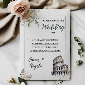 Invitación de boda imprimible, plantilla editable de país, descarga instantánea, invitación de boda en Roma, plantilla minimalista de ciudad, temática urbana, 13 x 18 cm
