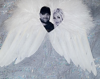 Personalised angel wings, with own image set on a wooden heart sealed for out door use,  tree decoration/grave memorial decoration.