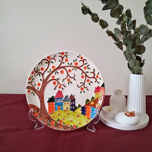 Turkish Handmade Ceramic Tile Plate with Embossed House and Tree Motifs, Traditional Tile Art, Unique Tile Plate, Traditional Art Piece