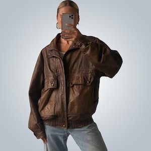 Années 1980 surdimensionné rétro marron vieilli vintage fait main veste en cuir véritable streetwear femme coupe ample manteau en cuir boxy, cadeau pour elle