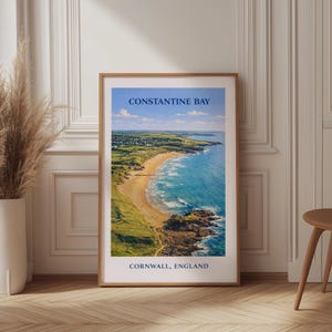 Póster de viaje de Constantine Bay, Cornualles: Lámina decorativa vintage para pared con temática playera.