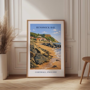 Runswick Bay Vintage Travel Poster: Cornwall Beach Coastal Wall Art