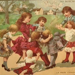 Antigo cartão comercial francês – Au Bon Marché “La Main Chaude” – Jogo infantil vitoriano – Paris década de 1880