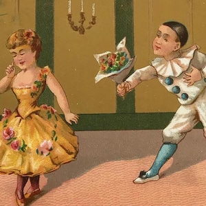 Cartes postales victoriennes anciennes – Pierrot et Jeune femme – Lithographie du XIXe siècle