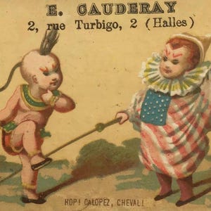 Cartão de troca de palhaço francês antigo – "Pule! Galopez, Cheval!" – Impressão publicitária humorística do século XIX