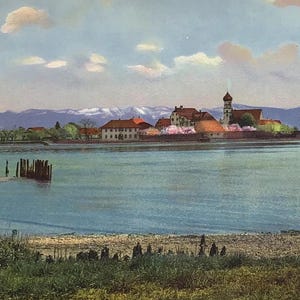 Carte postale allemande vintage - Vue sur l'île de Frauenchiemsee, les Alpes et le lac de Chiemsee