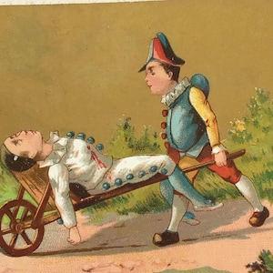 Carte postale ancienne de l'époque victorienne – Scène de commedia dell'arte – Lithographie du XIXe siècle