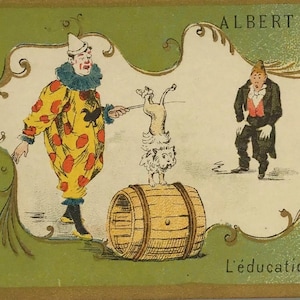 Tarjeta comercial francesa antigua: Ilustración de payaso y perro actor (c. 1900)
