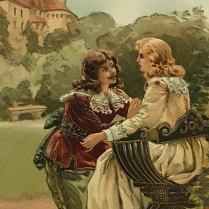 Carte postale vintage en relief - Couple romantique en cour - Impression en relief allemand du début des années 1900