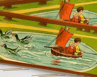 French Antique Label - Children Playing With Toy Boat, Vintage Chromo Art