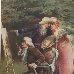 Antieke Tuck's ansichtkaart - "The Gentle Art of Painting" - kunstenaarsscène Georgische tijdperk - vintage kunstkaart Engeland
