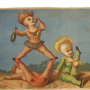 Antike Französische Clown Karte - Akrobatisches Trio - Wunderliche Chromolithographie “Souplesse et Agilité”