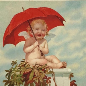 Postal antigua: Querubín con paraguas rojos y alas, década de 1910