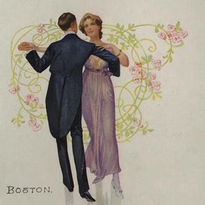 Carte postale ancienne – Couple de danseurs édouardiens avec coeur floral, valse de Boston