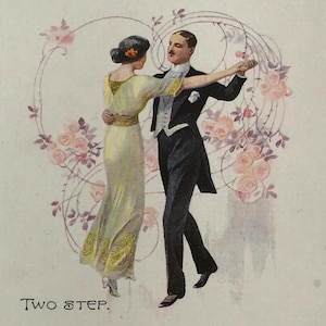 Cartolina antica – Illustrazione di coppia danzante “Two Step” – Cartolina tedesca dei primi anni del 1900
