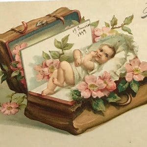 Antica cartolina francese di Capodanno – 1899 Bonne Année con bambino nell'illustrazione di un libro