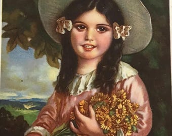 花を持った少女のアンティークポストカード、ドイツ、1910年、GT32G 