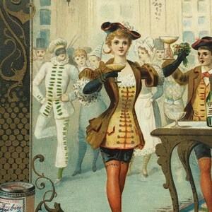 May include: Vintage advertisement featuring a costumed woman holding a tray, with other figures in the background. The image has text in German and Italian, and the Liebig Company's Fleisch-Extract is advertised.